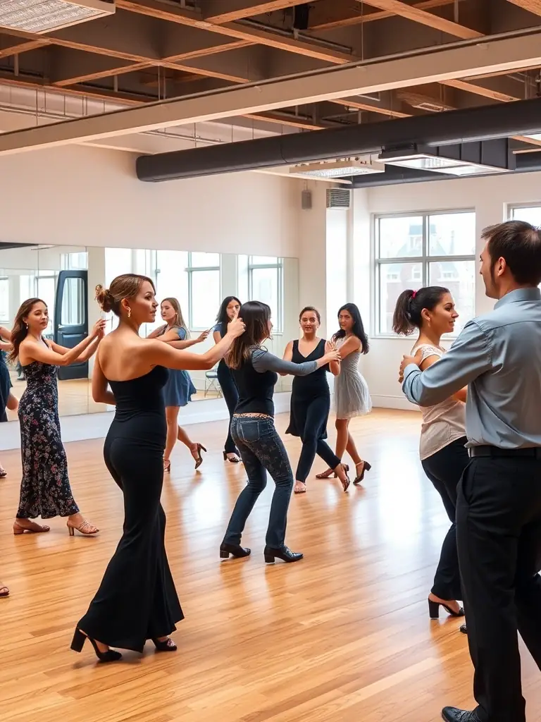 A photo of a dance workshop in progress, showcasing participants of various ages learning new dance moves under the guidance of an instructor.