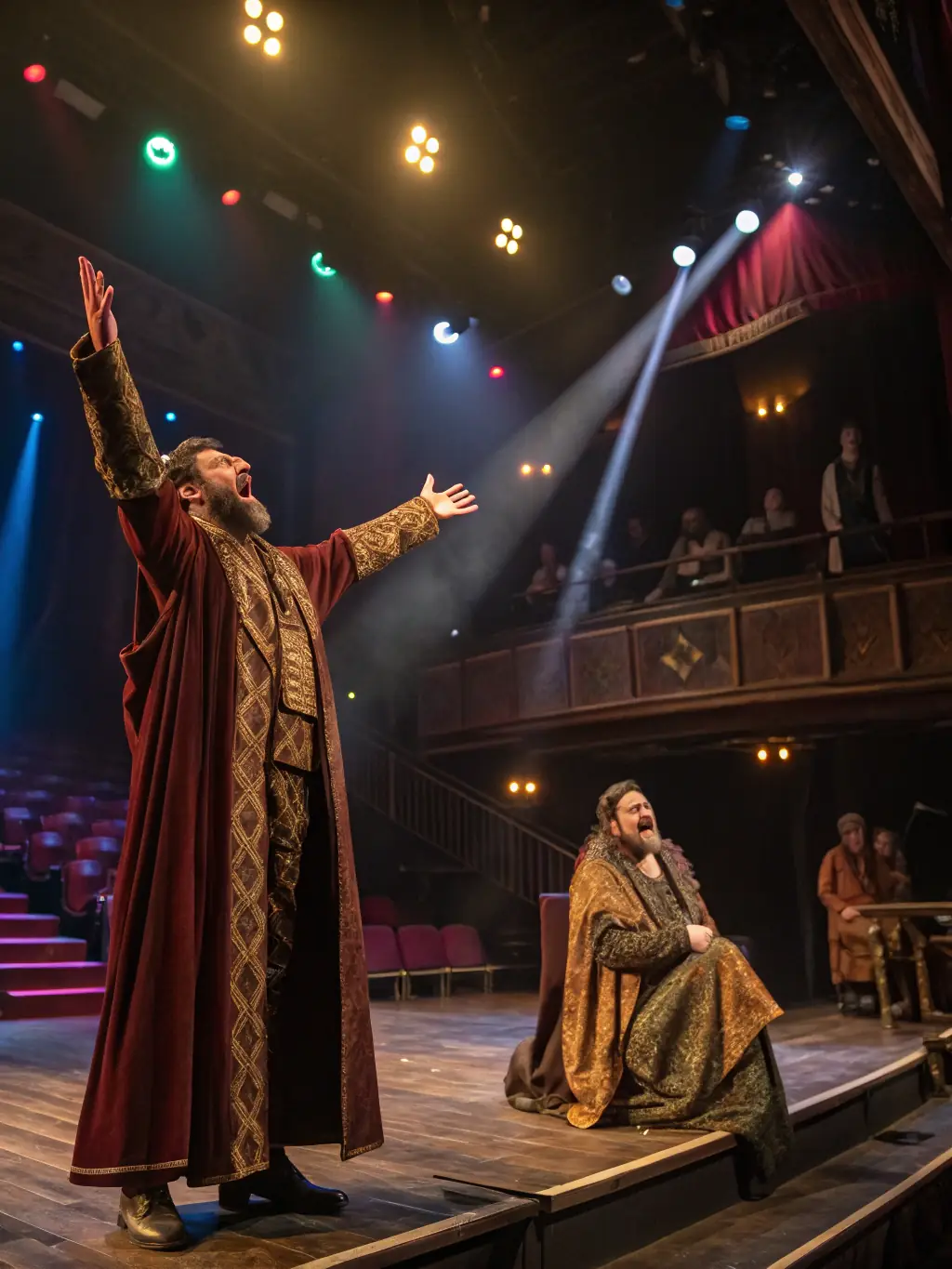 A captivating shot of a theater production, highlighting the actors in costume and the dramatic stage setting, emphasizing the storytelling aspect.