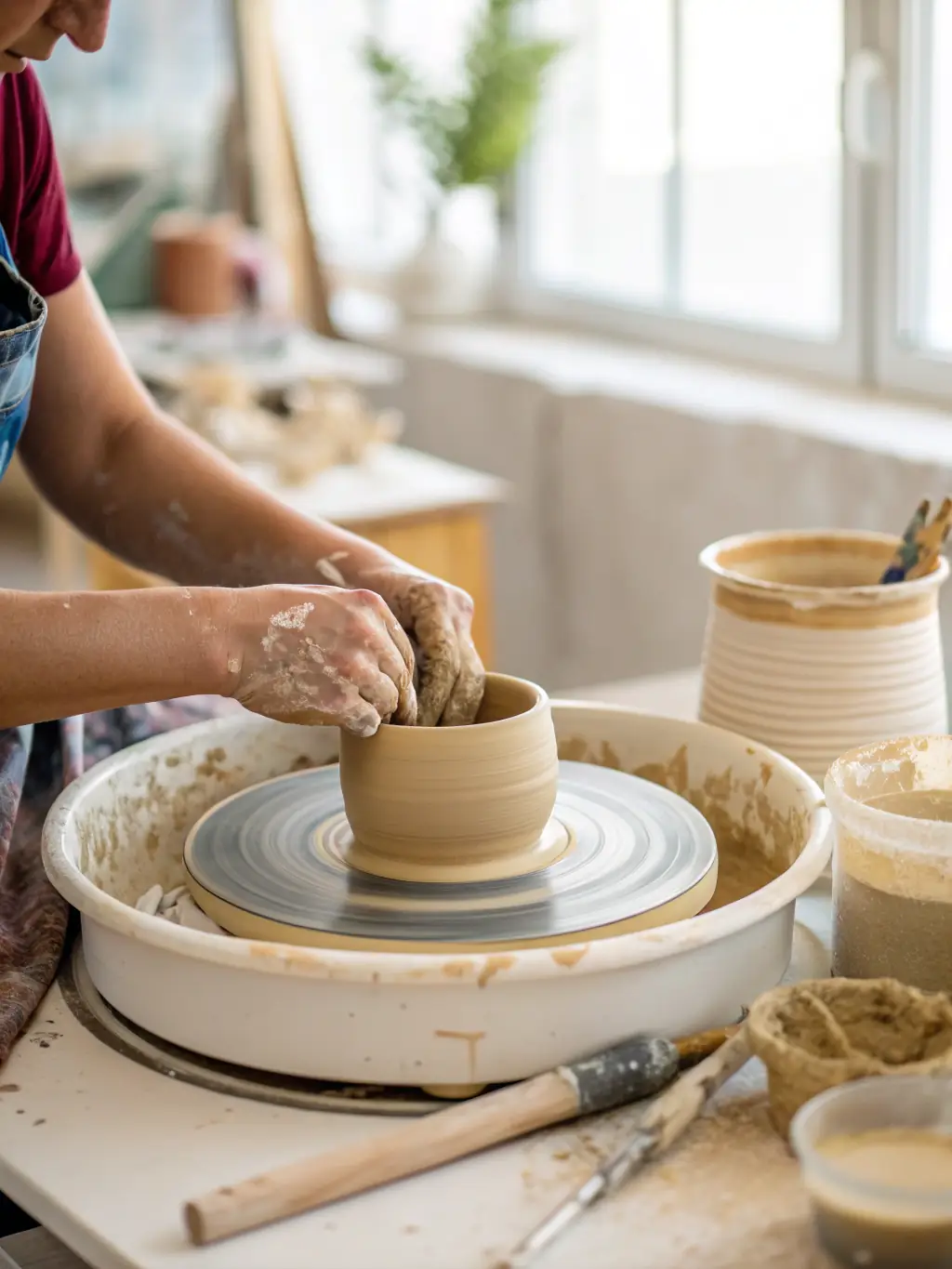 A close-up image of hands working with clay during a pottery class, showcasing the tactile and creative process of ceramic art.