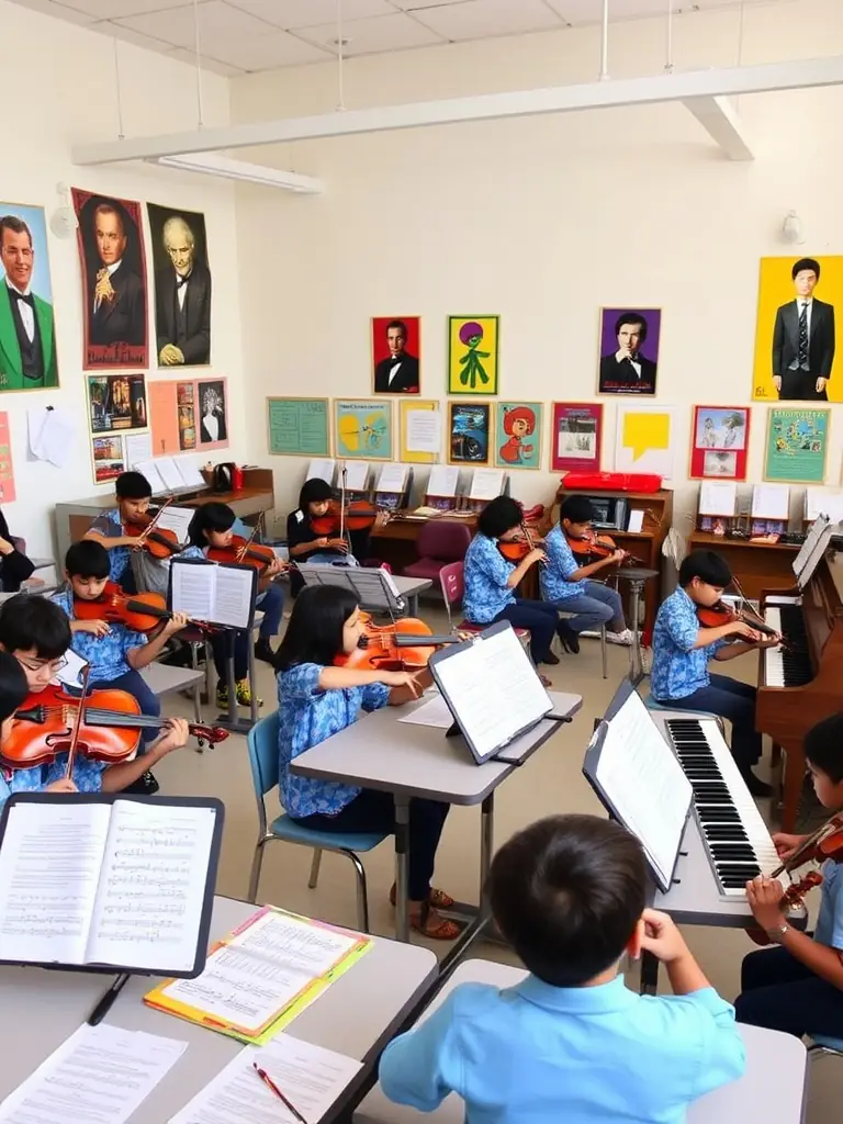 A photograph of a diverse group of children learning to play musical instruments during a music workshop, emphasizing the accessibility of arts education.