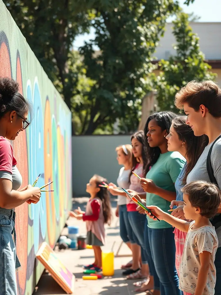 A vibrant image depicting participants of all ages engaged in a collaborative mural painting project, showcasing community involvement and artistic expression.