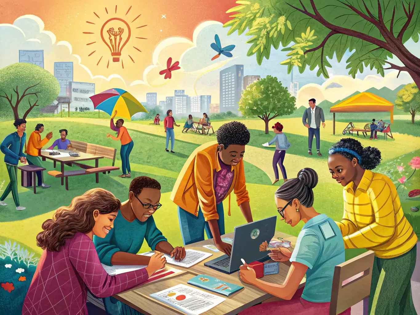 A vibrant image showcasing participants engaged in a collaborative art project during one of ASSOCIATION AMAVADA's community workshops, emphasizing inclusivity and creative expression.